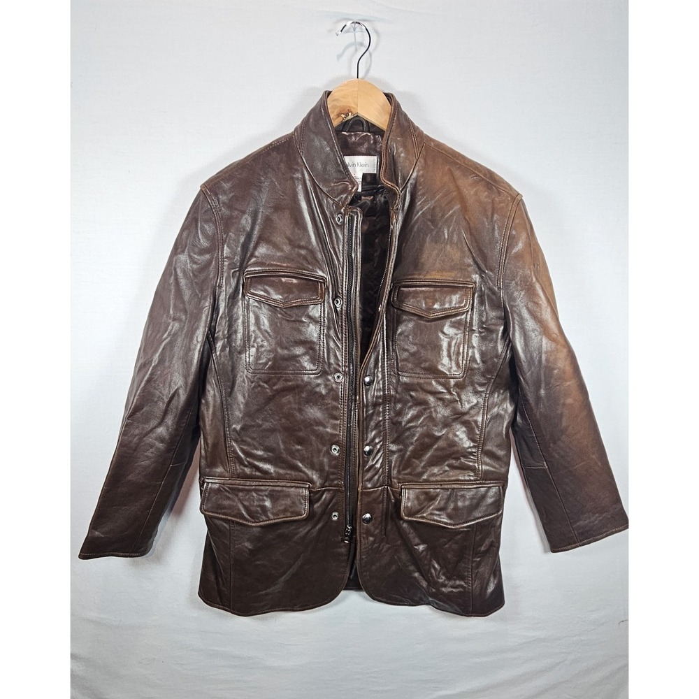 Calvin Klein Leather Jacket Women's Small Brown Button Front w/Pockets